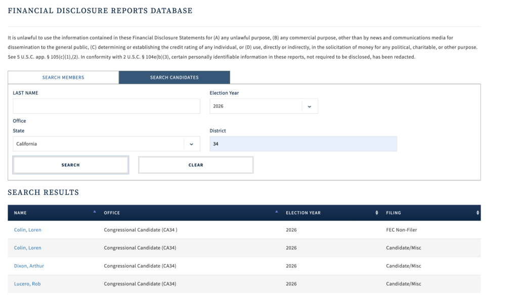 House Clerk Financial Disclosure Reports database: 2026 candidate search results for California District 34